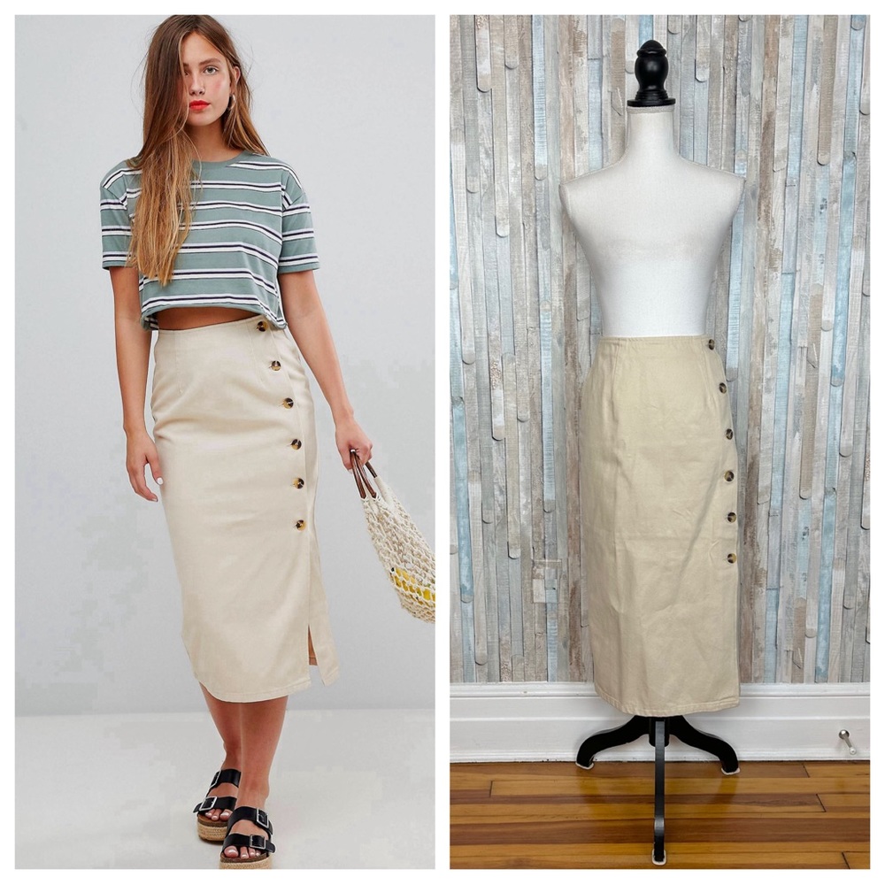 Asos Design 6 Cream Denim‎ Wrap Midi Pencil Skirt with Tortoiseshell Buttons